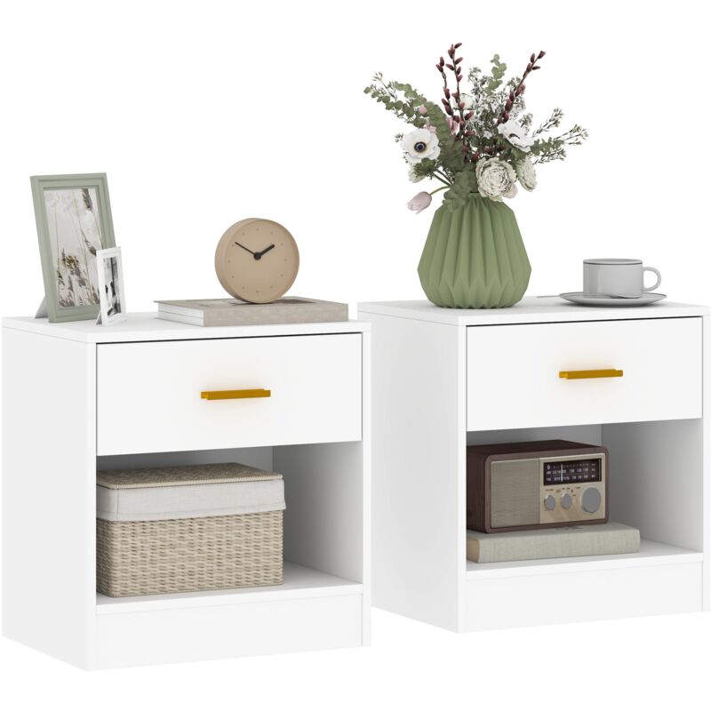 foto del prodotto set 2 comodini con cassetto e ripiano a giorno in legno 39x28x41 cm bianco