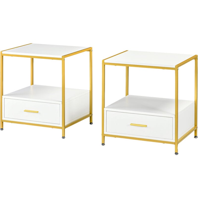 foto del prodotto set 2 comodini con cassetto e ripiano aperto moderni bianco e oro homcom