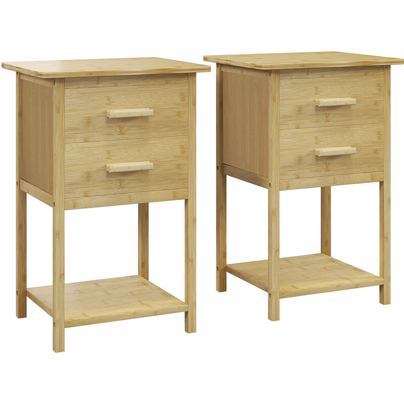foto del prodotto set 2 comodini moderni con 2 cassetti e ripiano inferiore in bamb homcom