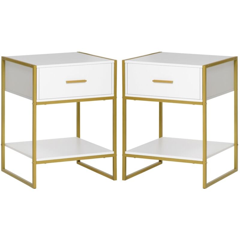 foto del prodotto set 2 comodini moderni con cassetto e ripiano aperto 45x40x60 cm in mdf e acciaio bianco e oro