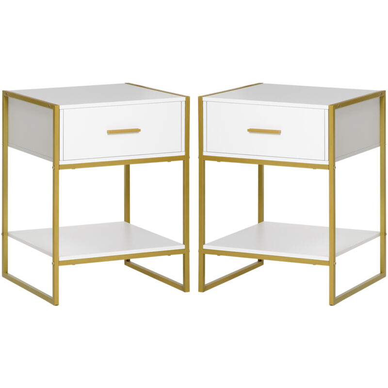 foto del prodotto set 2 comodini moderni in mdf e acciaio bianco oro homcom