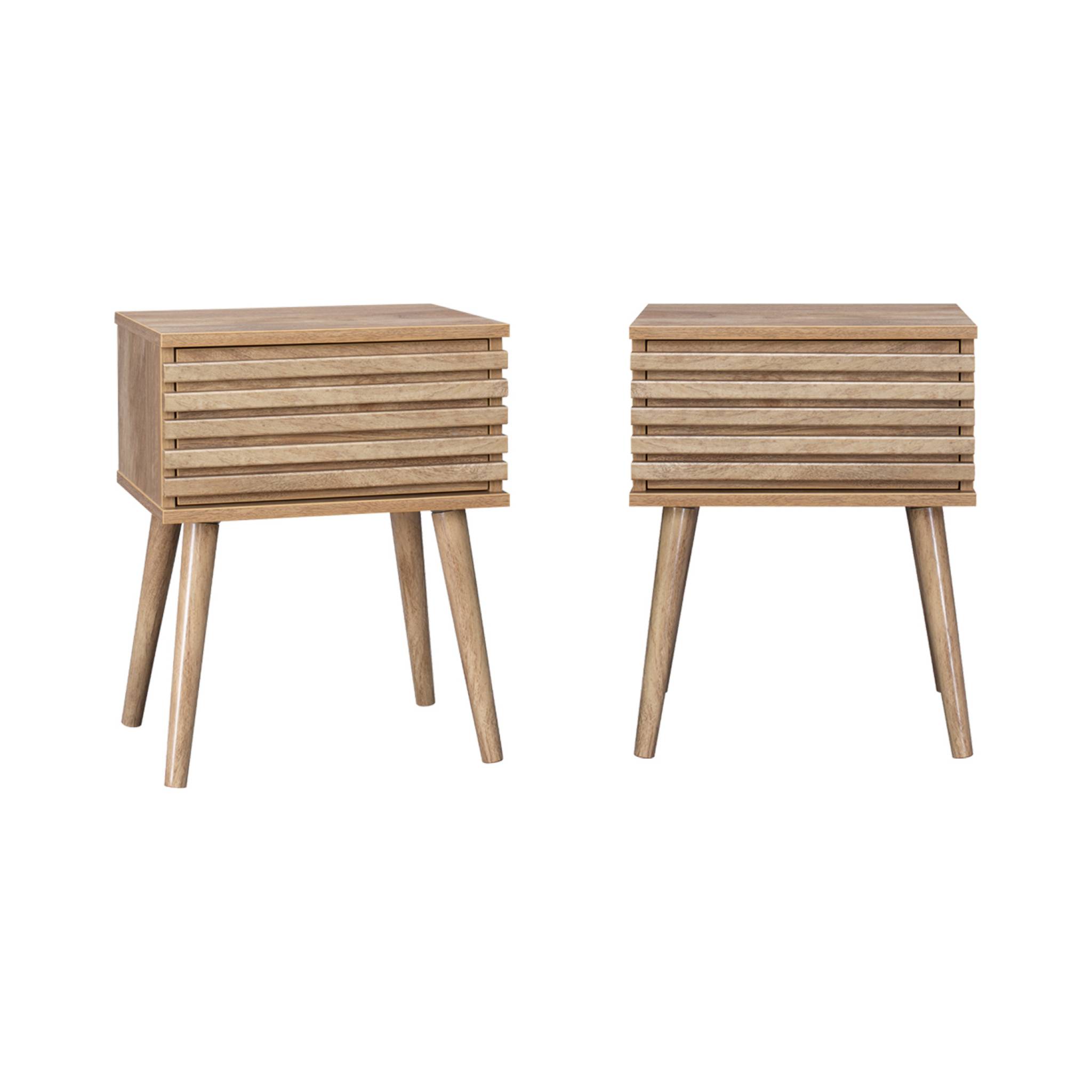 foto del prodotto set 2 comodini scandinavi con decoro in legno scanalato, marrone
