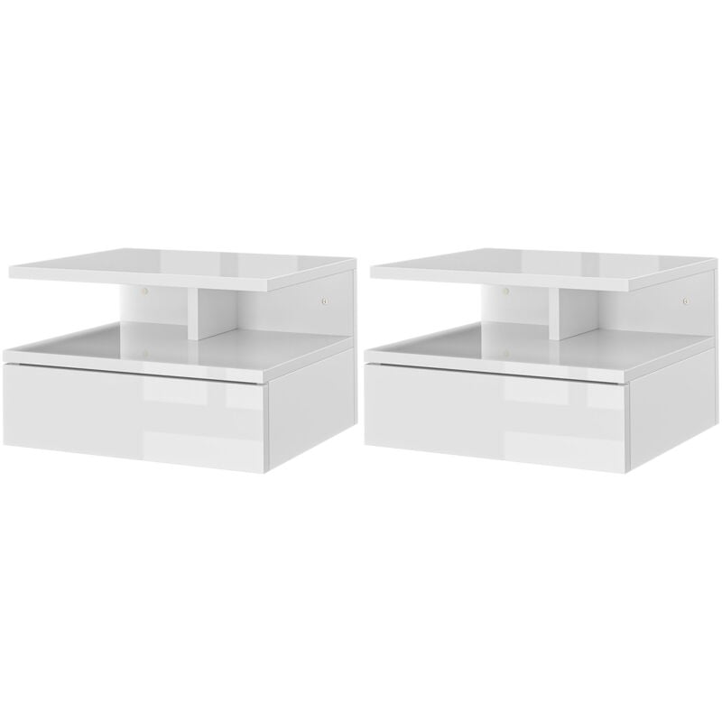 foto del prodotto set 2 comodini sospesi in legno con cassetto e mensola bianco lucido homcom