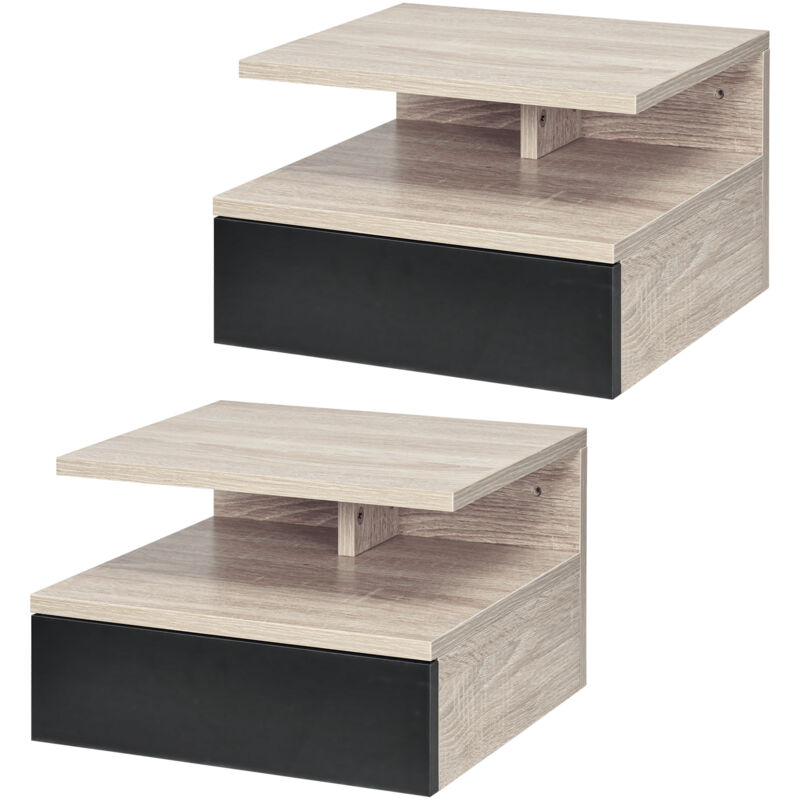 foto del prodotto set 2 comodini sospesi moderni con mensola e cassetto rovere e nero homcom