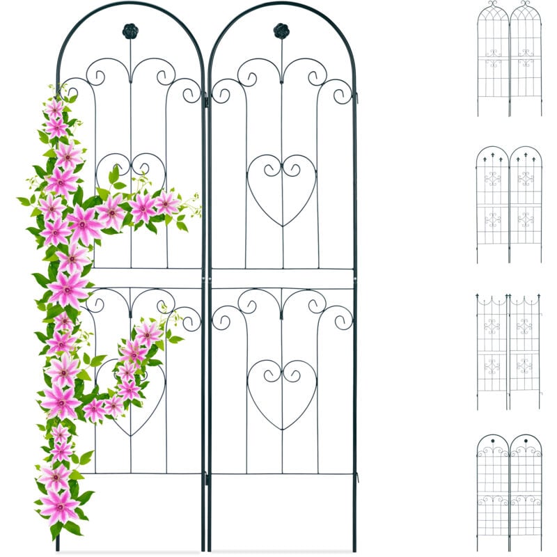 foto del prodotto set 2 grigliati per rampicanti, in metallo 180x50cm design ad archi fiori e cuori, ad incastro, verde scuro relaxdays