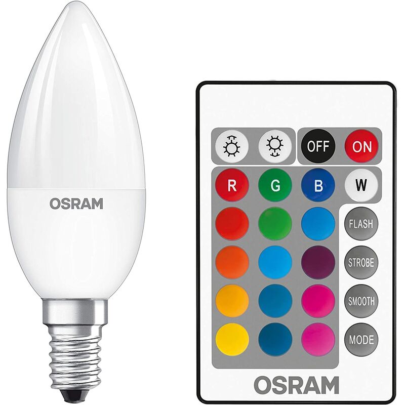 foto del prodotto set 2 lampadine 4.5w led rgb warm white 2700k attacco e14 con telecomando osram