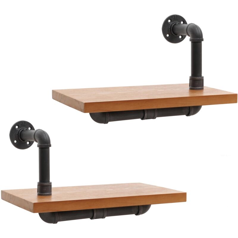foto del prodotto set 2 mensole da parete hhg 077, scaffale sospeso libreria, industriale struttura 3d acciaio legno 29x45x25cm, naturale
