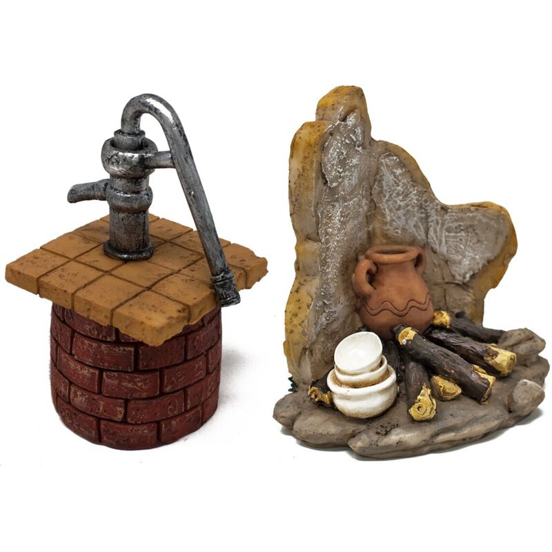 foto del prodotto set 2 miniature per presepe in resina pozzo e fuoco 48212