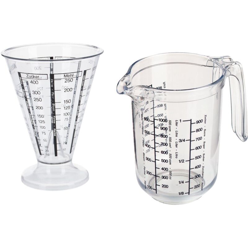 foto del prodotto set, 2 pezzi, 1 caraffa graduata 1 misurino a imbuto con cono di misurazione, multilingue e con diverse unità di misura, capacità 0,5 1 l,