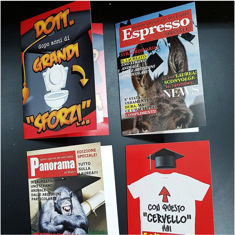 foto del prodotto set 2 pezzi biglietti biglietto laurea divertenti spiritosi congratulazioni trade shop traesio