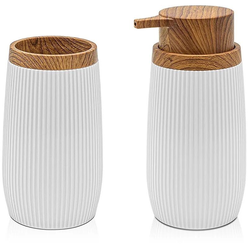 foto del prodotto set 2 pezzi dispenser sapone e porta spazzolino bianco dettagli effetto legno blob