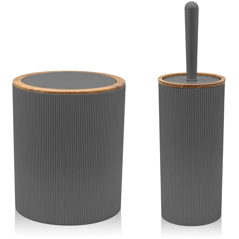 foto del prodotto set 2 pezzi porta scopino e pattumiera 5lt grigio dettagli effetto legno blob