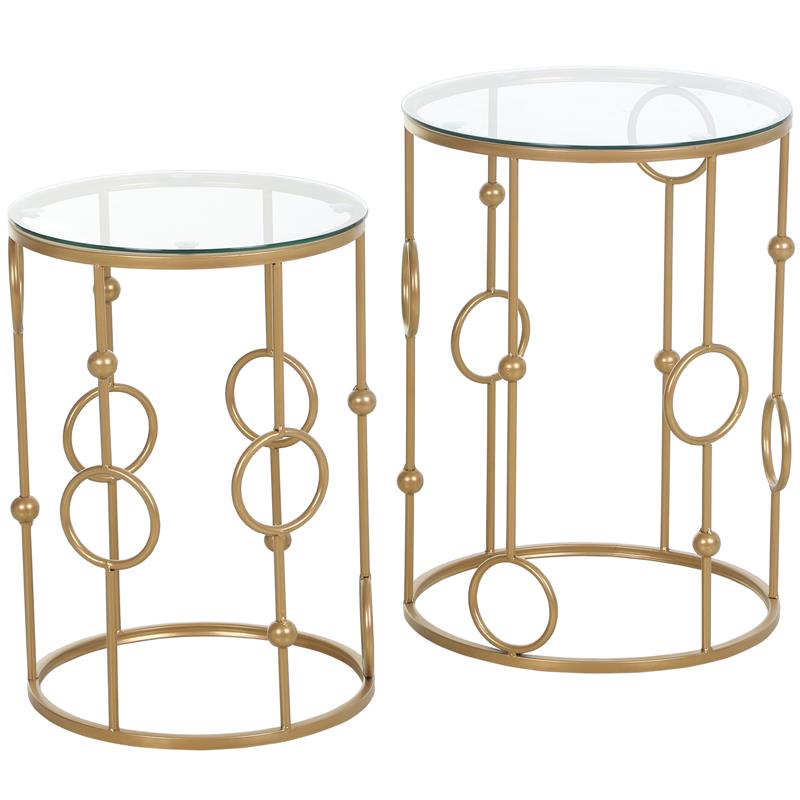 foto del prodotto set 2 pezzi tavolini da caffè con motivi a cerchio in metallo e vetro temperato