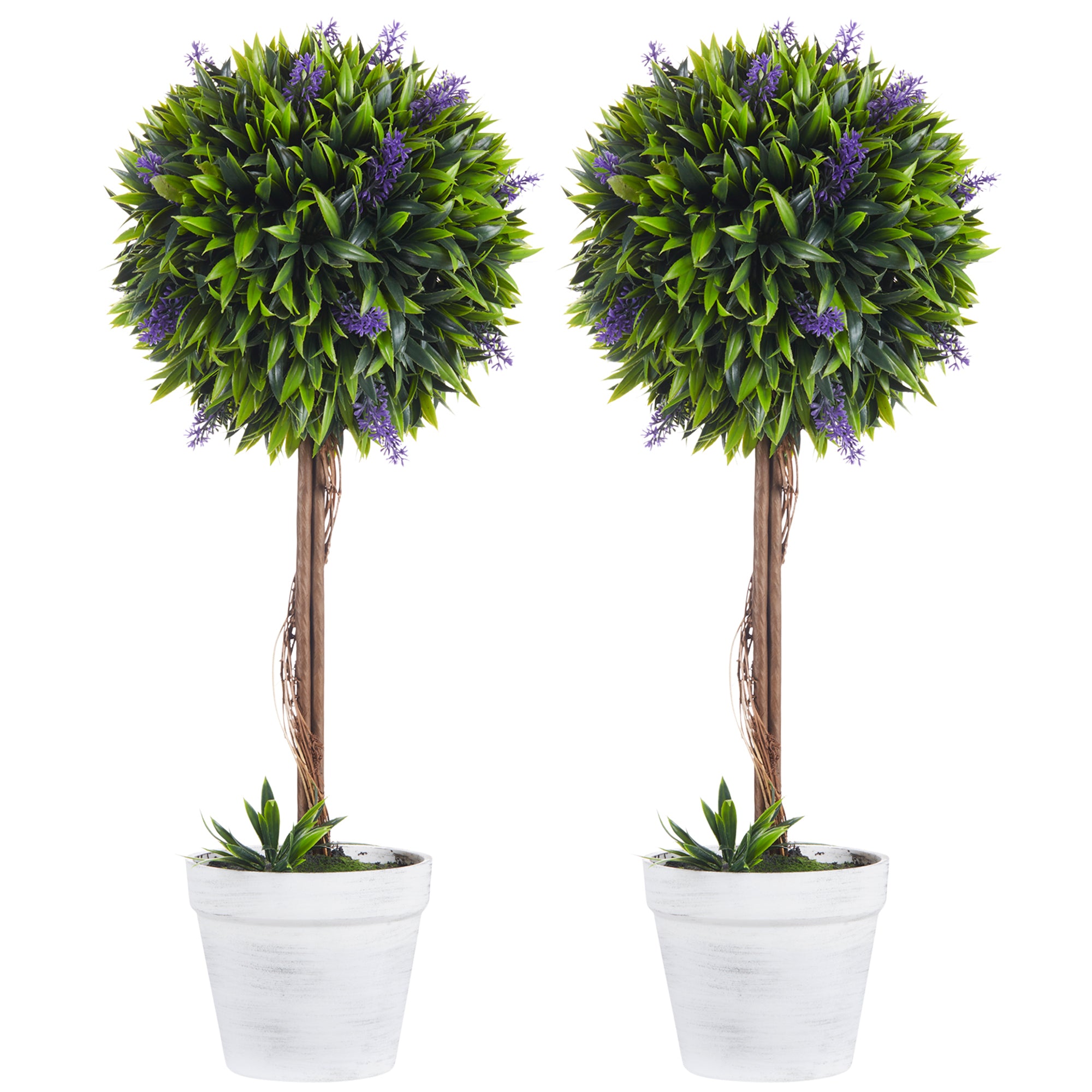 foto del prodotto set 2 piante artificiali 24x60 cm verdi a sfera con fiori di lavanda e vaso con muschio e cemento