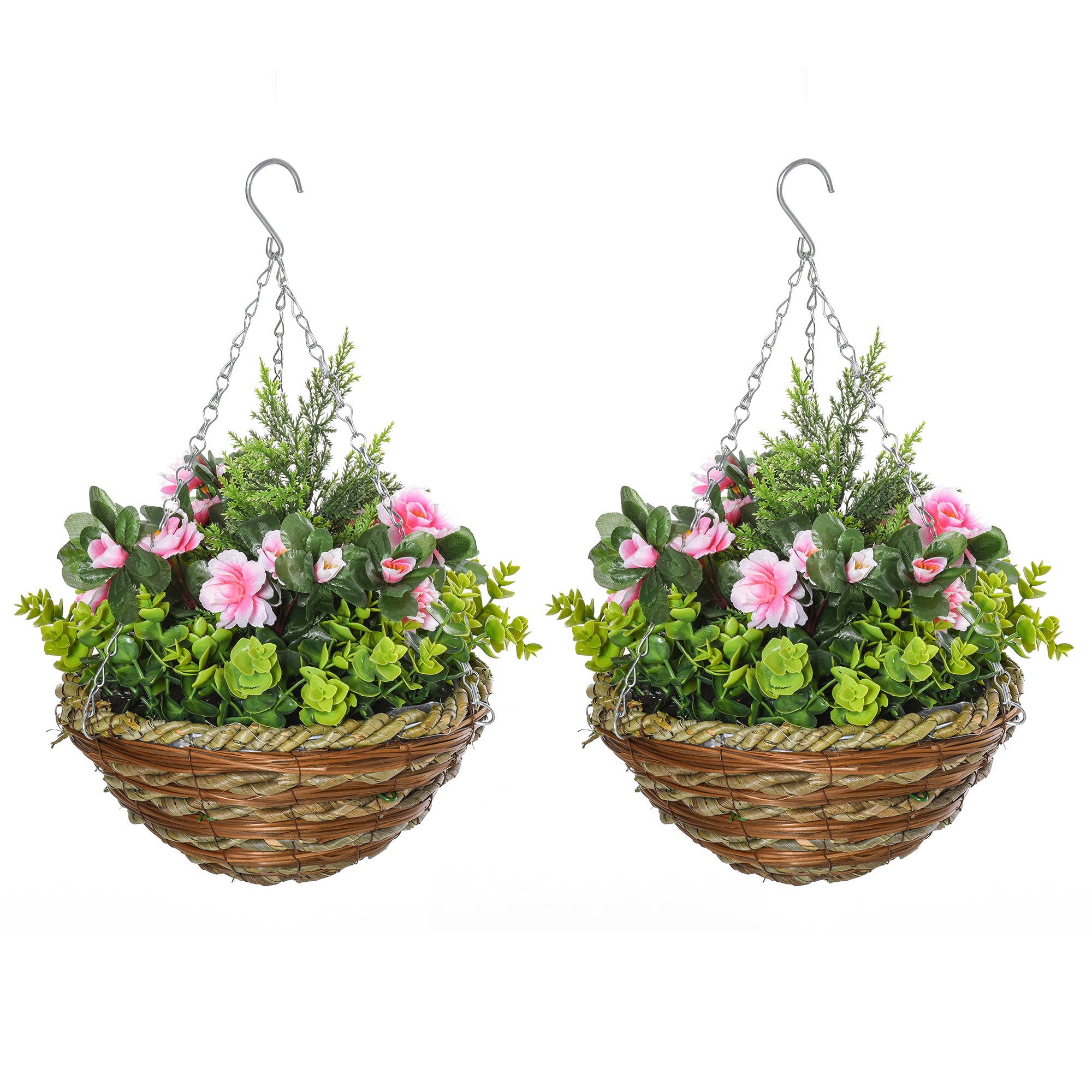foto del prodotto set 2 piante artificiali lisianthus da appendere con vaso e catenelle rosa e verde