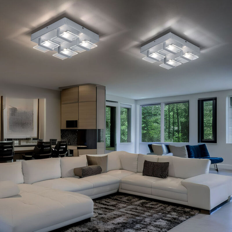 foto del prodotto set 2 plafoniere, lampade soggiorno, lampade camera da letto, 4 lampadine, vetro trasparente satinato, 4x led 5w 332 lm 3200k, lxpxh 26x26x7,8cm