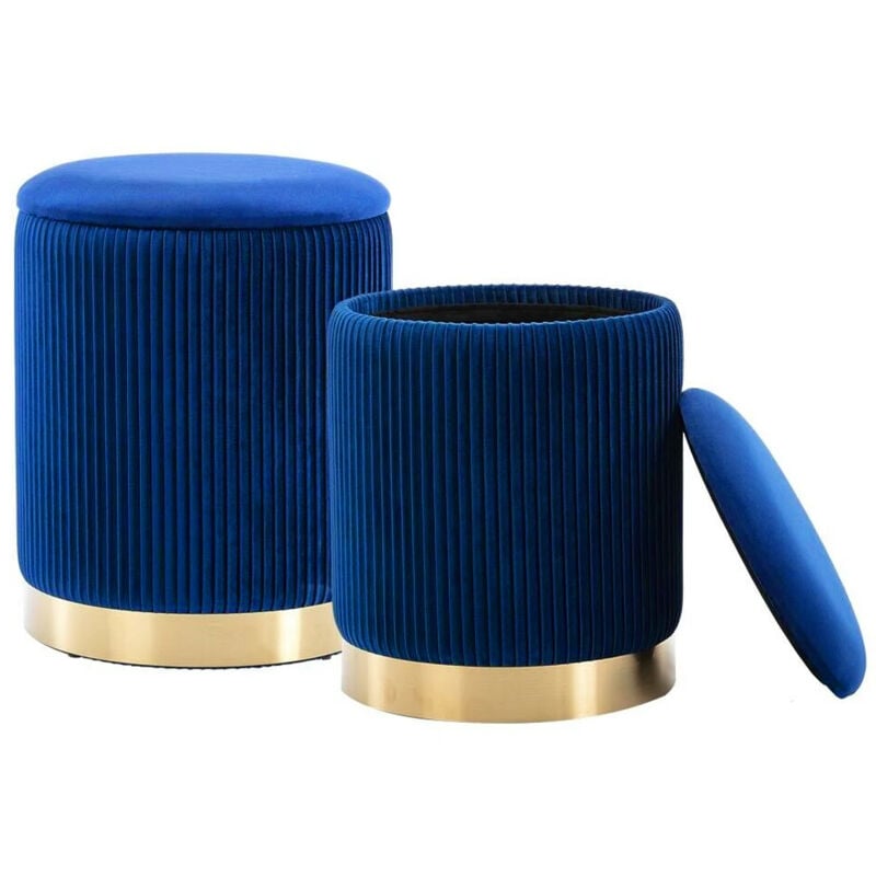 foto del prodotto set 2 pouf contenitore blu velluto sgabello poggiapiedi rotondo portata 120kg