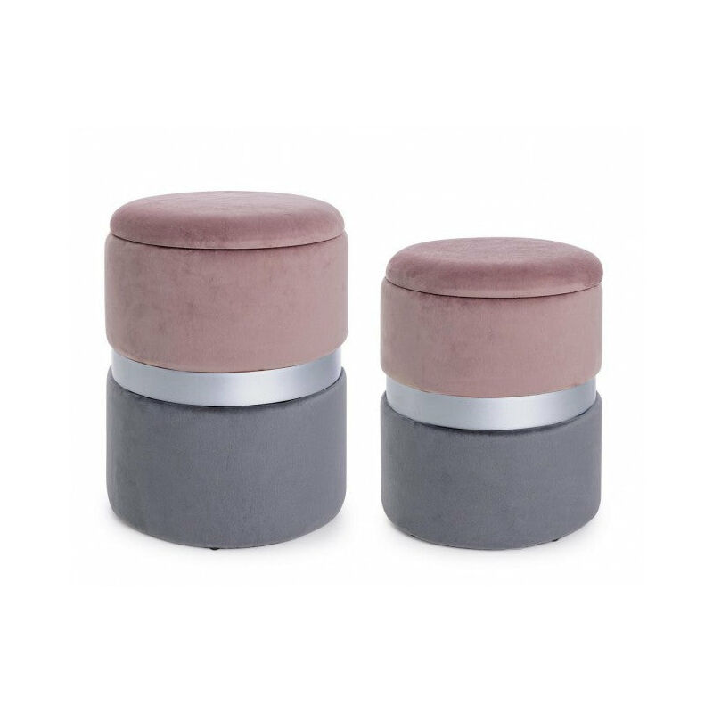 foto del prodotto set 2 pouf contenitore polina rosa grigio in tessuto effetto velluto