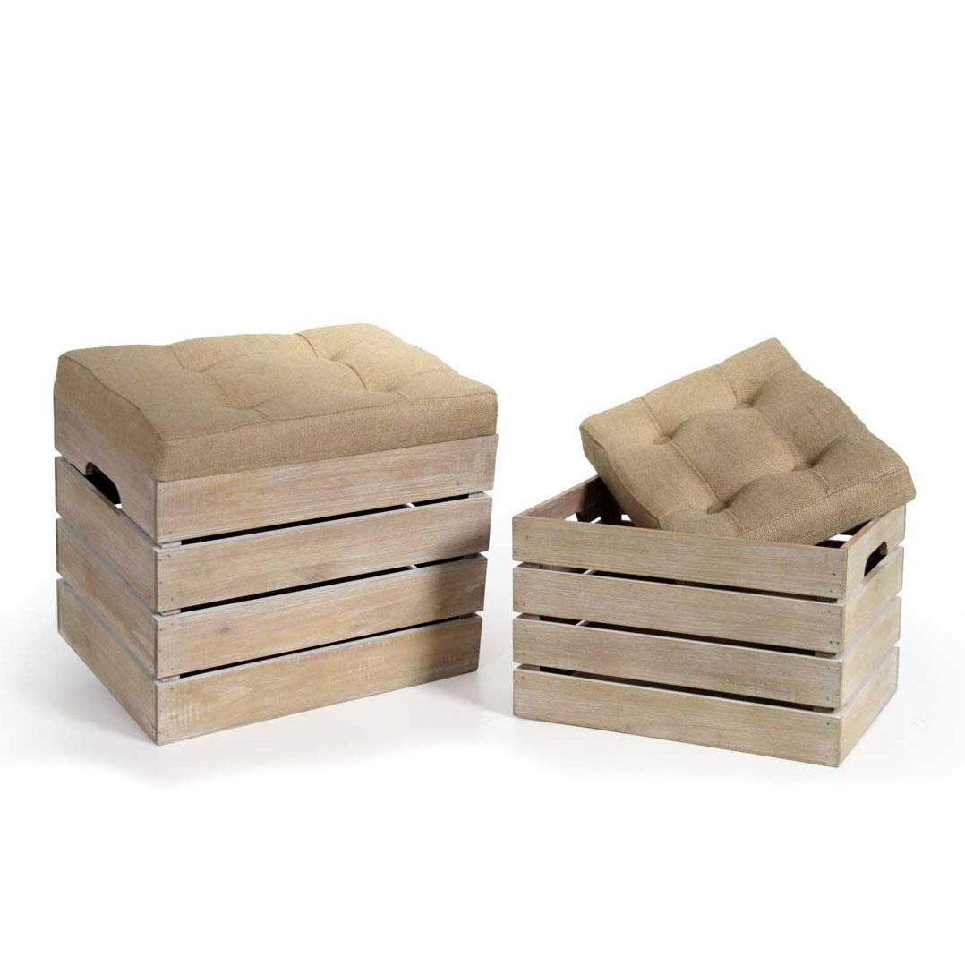 foto del prodotto set 2 pouf contenitori cassette in legno di forma rettangolare