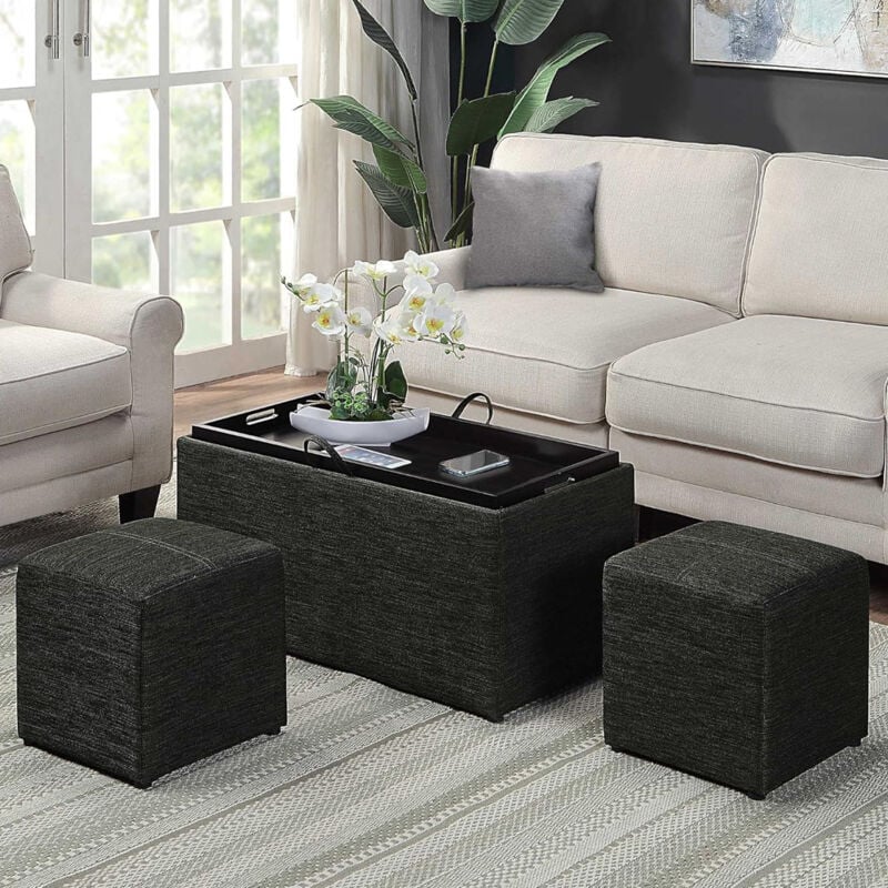 foto del prodotto set 2 pouf e cassapanca in tessuto grigio coperchio 2in1 e scomparto contenitore