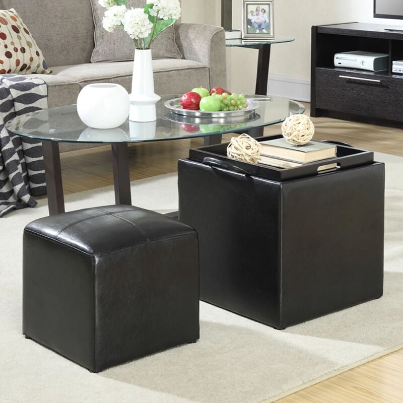 foto del prodotto set 2 pouf poggiapiedi in ecopelle nero coperchio 2 in 1 sgabello con scomparto