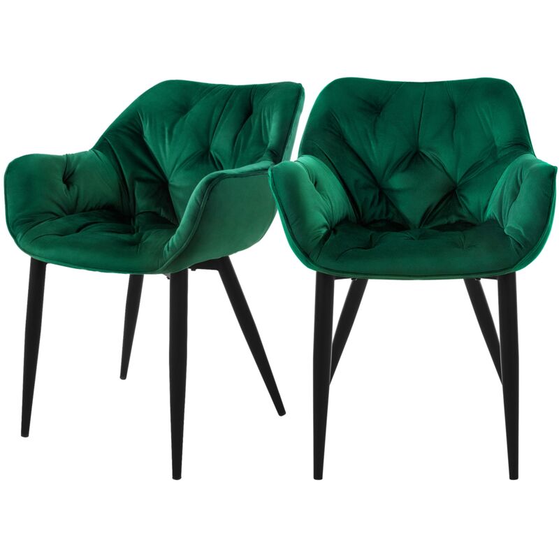 foto del prodotto set 2 sedie per sala da pranzo in velluto verde scuro poltroncine da salotto imbottite con braccioli gambe in metallo poltrone per soggiorno con