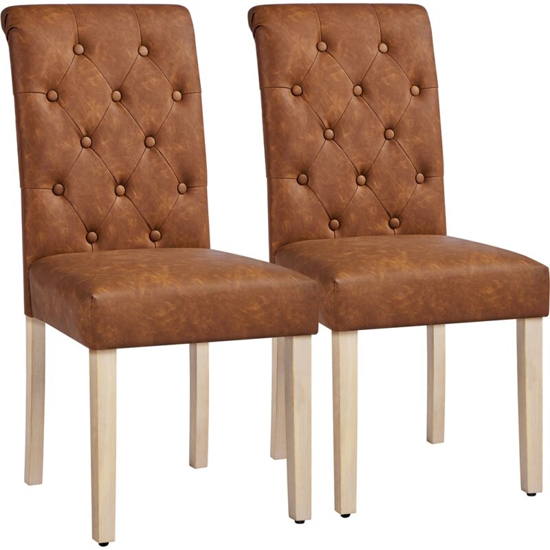 foto del prodotto set 2 sedie sala da pranzo imbottite moderne in finta pelle eleganti gambe in legno massello schienale alto con bottoni imbottiti portata 125 kg marrone - yaheetech