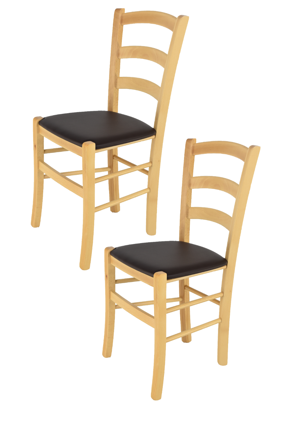 foto del prodotto set 2 sedie venice tommychairs, struttura in faggio verniciata in color naturale e seduta rivestita in finta pelle moka