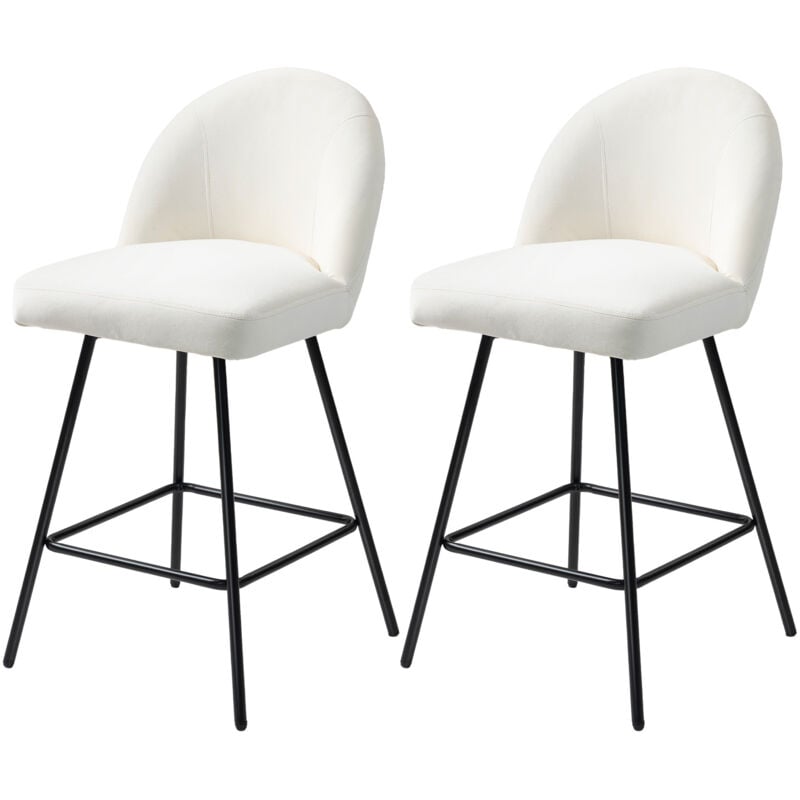 foto del prodotto set 2 sgabelli bar con schienale e poggiapiedi in velluto bianco crema homcom