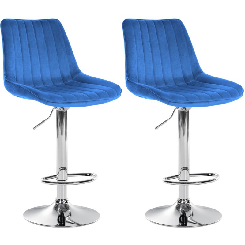 foto del prodotto set 2 sgabelli bar regolabili in altezza, seduta girevole a 360 in tessuto blu, cuciture verticali, piedino in metallo cromato 100004426