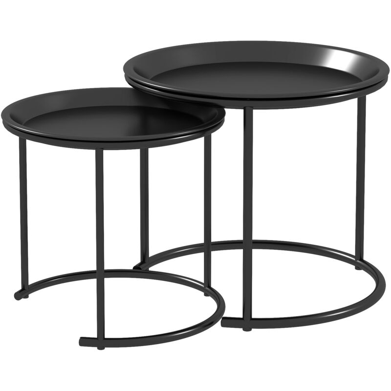 foto del prodotto set 2 tavolini da salotto rotondi sovrapponibili con vassoio rimuovibile nero