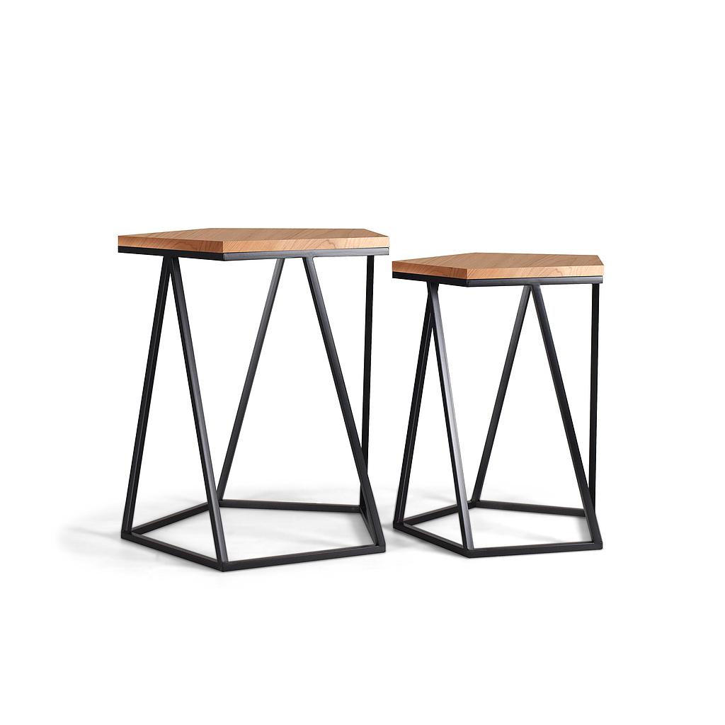foto del prodotto set 2 tavolini design geometrico da caffe 39 sovrapponibili legno cedro ferro battuto salotto industrial moderno