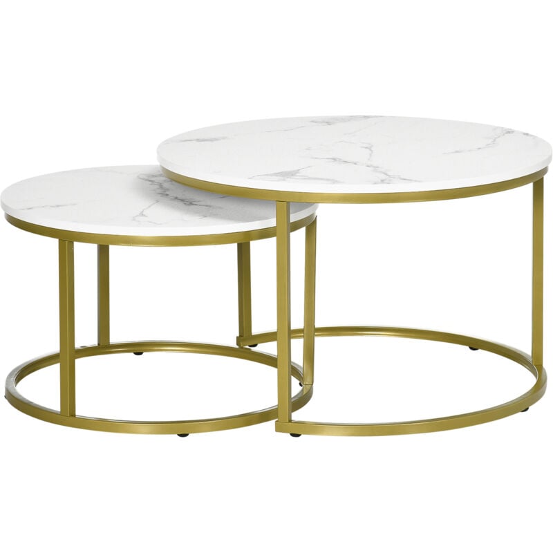 foto del prodotto set 2 tavolini rotondi da salotto impilabili bianco e oro homcom