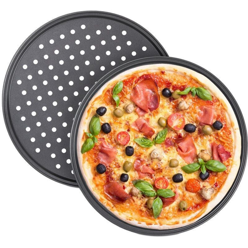 foto del prodotto set 2 teglie per pizza rotonde forate antiaderenti in acciaio al carbonio grigio 32 cm