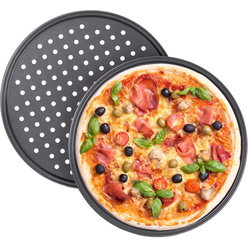 foto del prodotto set 2 teglie rotonde forate antiaderenti per pizza in acciaio al carbonio 32 cm sollbry