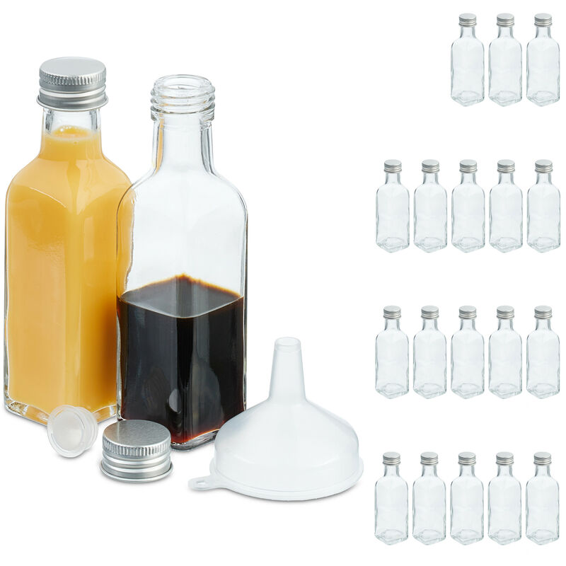 foto del prodotto set 20 bottigliette in vetro per bomboniere, bottiglie da 100 ml, barattolini con tappo, trasparente argentato relaxdays