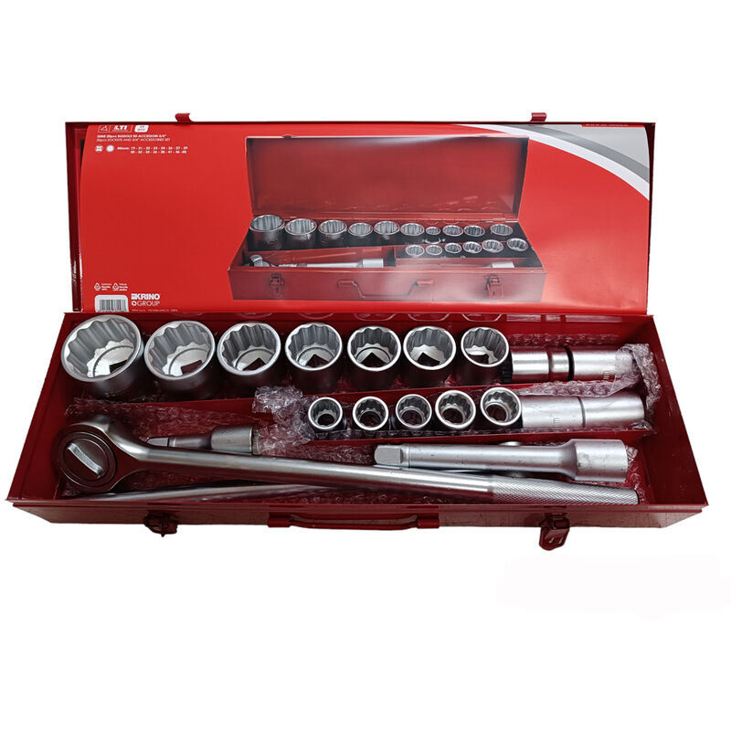foto del prodotto set 20 pz bussole poligonali mis. 19 50 prolunghe cricchetto 3 4 cr v krino
