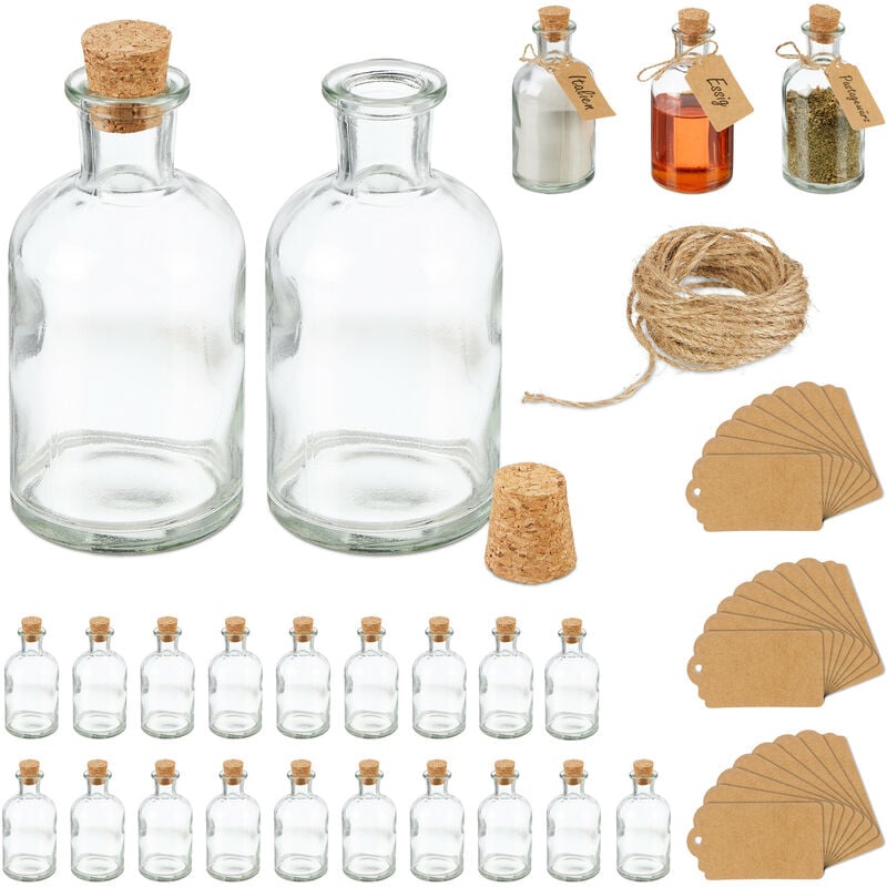 foto del prodotto set 24 bottigliette in vetro per bomboniere, bottiglie da 125 ml, barattolini con tappo, trasparente marrone relaxdays