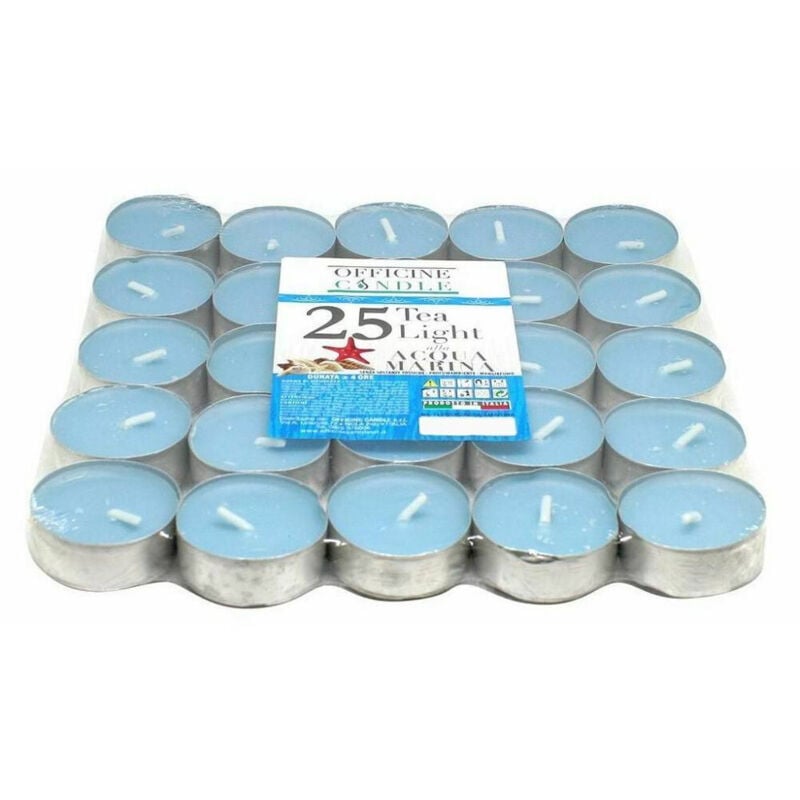 foto del prodotto set 25 pezzi candele azzurre profumate fragranza acqua marina tealight lumini trade shop traesio