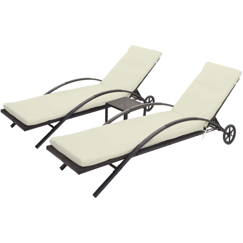 foto del prodotto set 2x lettini regolabili da esterno hhg 284 polyrattan, marrone con cuscino avorio