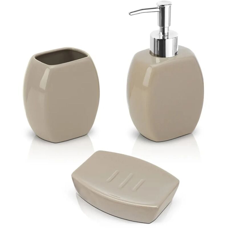 foto del prodotto set 3 accessori bagno da appoggio in ceramica tortora