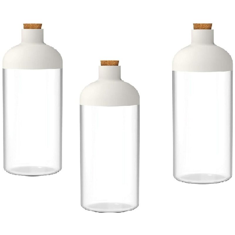 immagine 0 del prodotto set 3 barattoli contenitori cucina 0.6 litri forma bottiglia tappo dosatore in sughero trasparente chiusura bianca design bpa free per