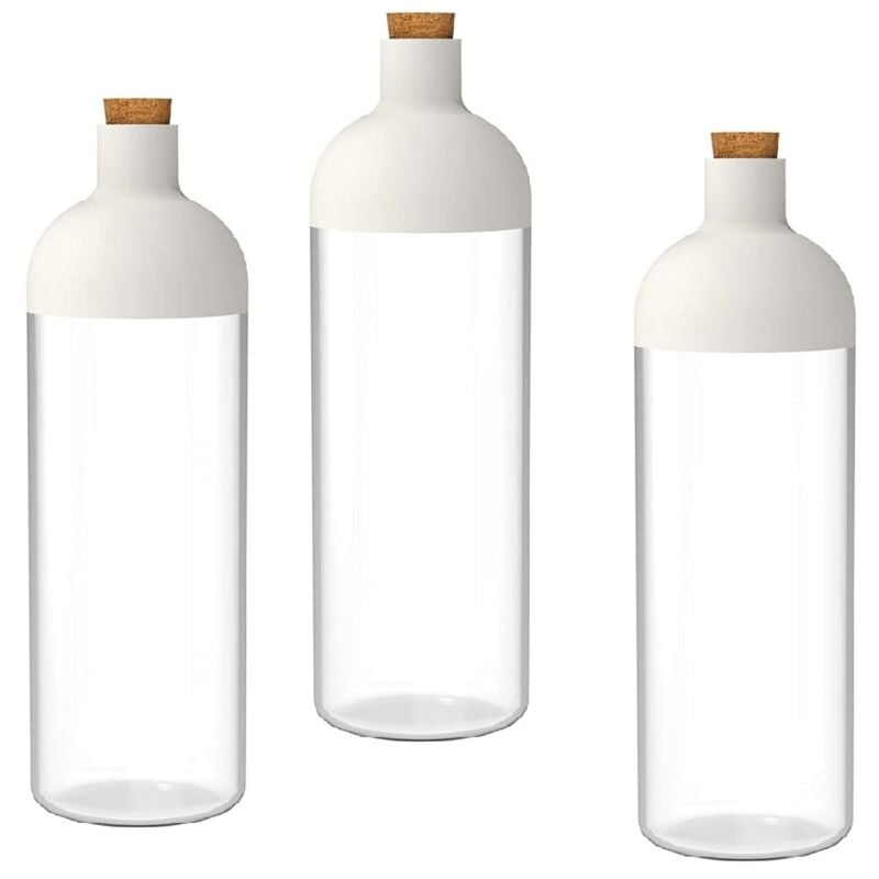 foto del prodotto set 3 barattoli contenitori cucina 0.9 litri forma bottiglia tappo dosatore in sughero trasparente chiusura bianca design bpa free per