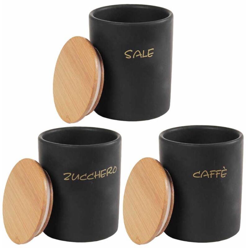 foto del prodotto set 3 barattoli da cucina tondi per caff sale zucchero 10x13 cm l uno con tappo ermetico in legno colore nero