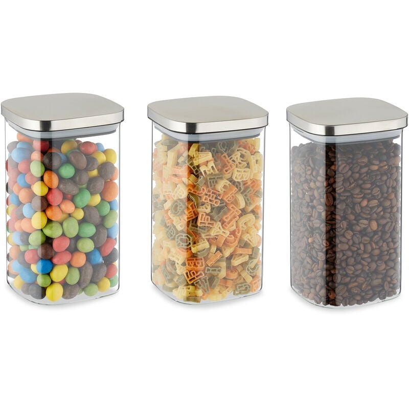 foto del prodotto set 3 barattoli in vetro con coperchio in acciaio, contenitori per cucina, da 1200 ml, trasparente argentato relaxdays