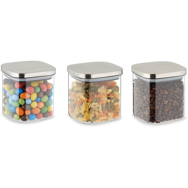 foto del prodotto set 3 barattoli in vetro con coperchio in acciaio, contenitori per cucina, da 600 ml, trasparente argentato relaxdays