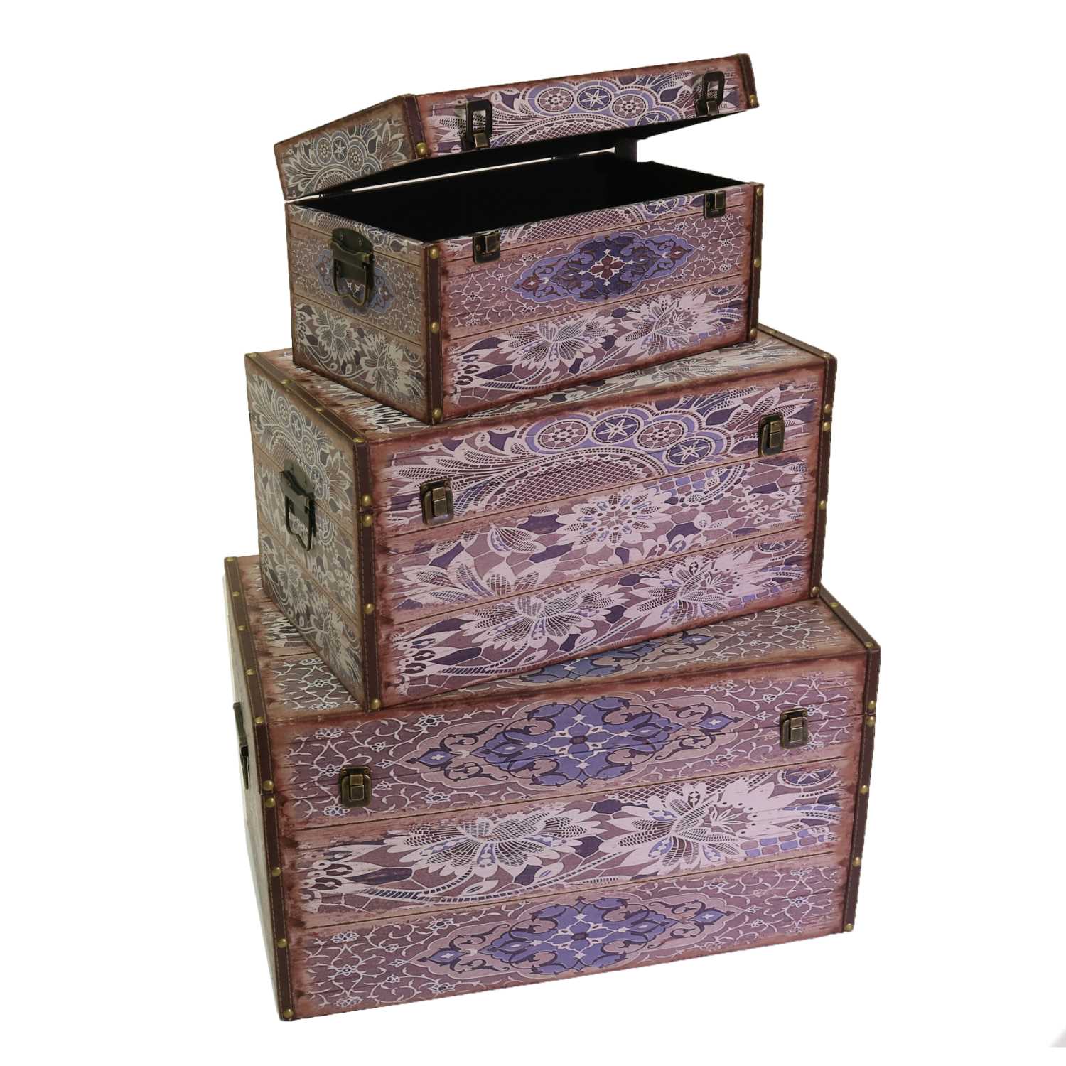 foto del prodotto set 3 bauli rettangolari in similpelle design fiori grigi