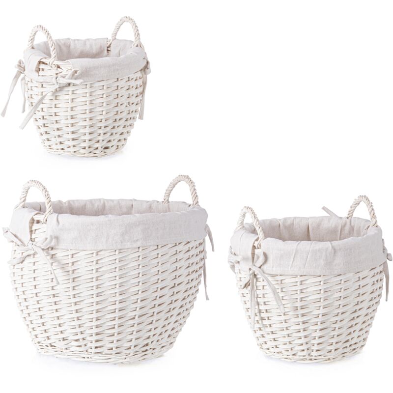 foto del prodotto set 3 ceste alesha in vimini naturale, con rivestimento 100 in cotone tonde bianco