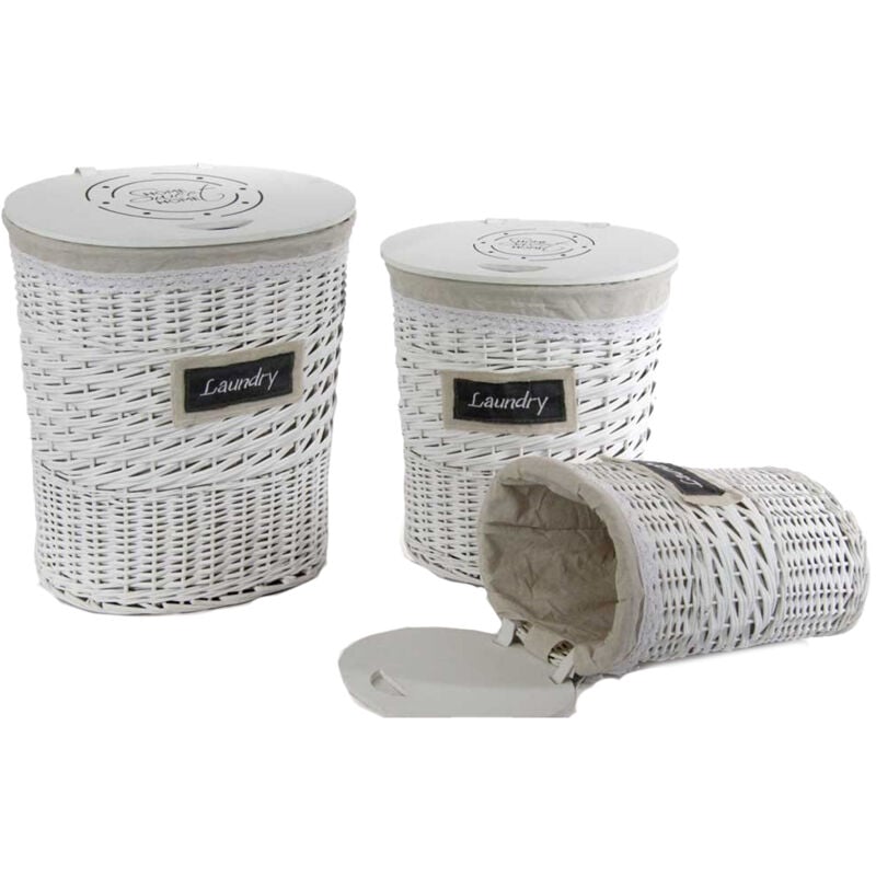 foto del prodotto set 3 ceste portabiancheria laundry con forma ovale in vimini bianco
