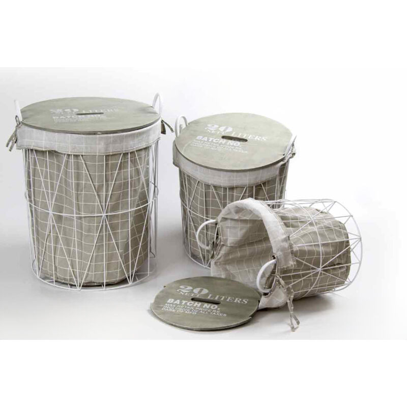 foto del prodotto set 3 ceste tonde con struttura in metallo bianco e coperchio in legno